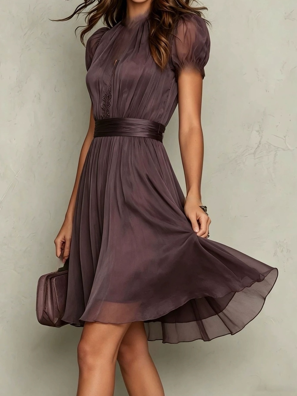 Full Size Lace Trim Puff Sleeve A-Line Dress Plus Size - Picture 3 of 5